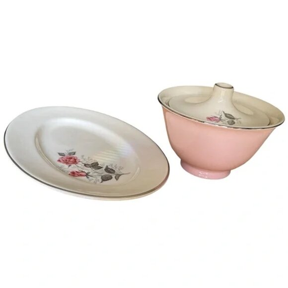 VTG Taylor Smith Taylor Pink Roses, BlueGray Leaves, Bowl w/Lid, Snack Tray 8.5” - Picture 3 of 15